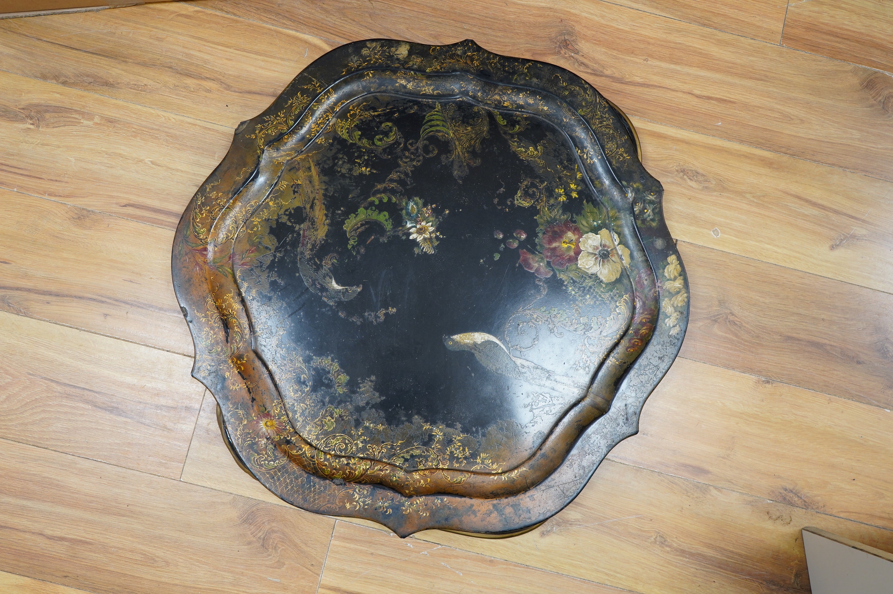 Three large Victorian papier mâché trays, largest 71cm wide. Condition - all have faults